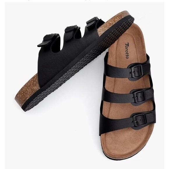 NWT Torotto Mens Slides with Cork Footbed Open Toe Flat Sandals,Black, Size 44 - Picture 1 of 16
